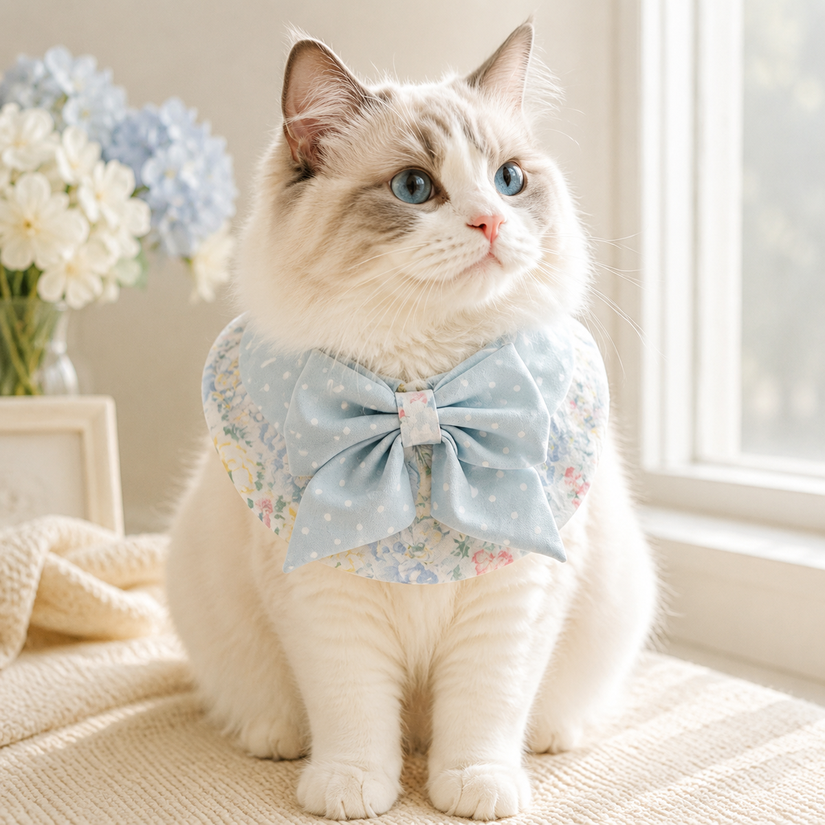 Bluebell Garden Bow Collar worn by Ragdoll cat - front view