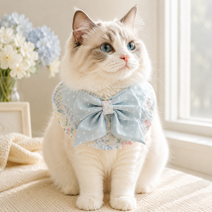 Bluebell Garden Bow Collar worn by Ragdoll cat - front view