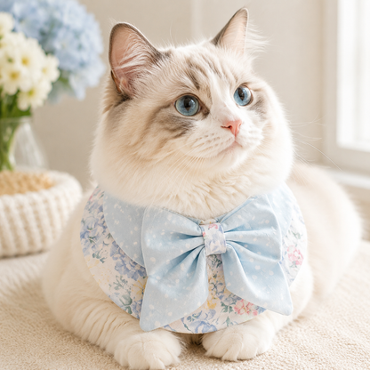 Bluebell Garden Bow Collar worn by Ragdoll cat - lying down