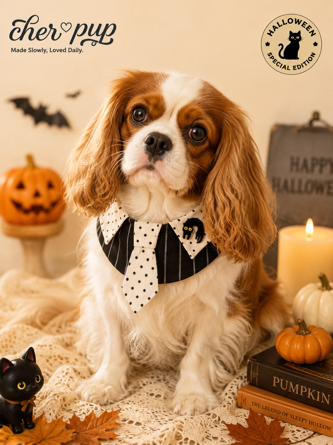 Midnight Whiskers Collar on a Maine Coon cat with Halloween decor