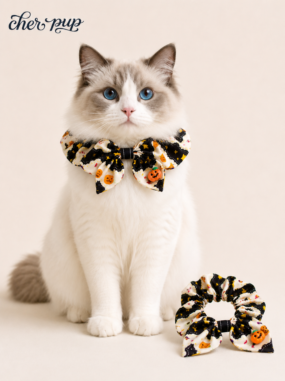 Spooky Sweetheart Collar on cat with matching scrunchie