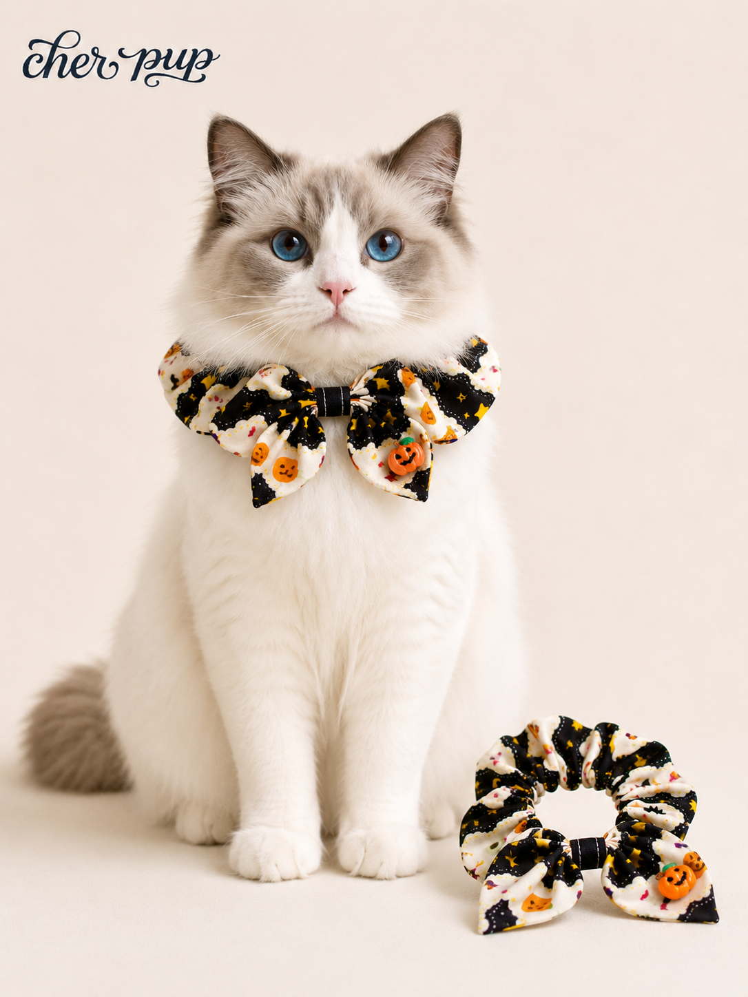 Spooky Sweetheart Collar on cat with matching scrunchie